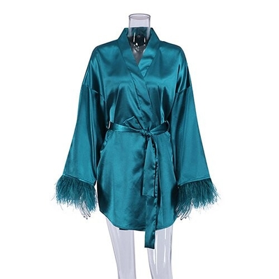 Autumn Pajamas Sexy Bath Long Sleeved Feathers Satin Robe Pure Color French Leisure
