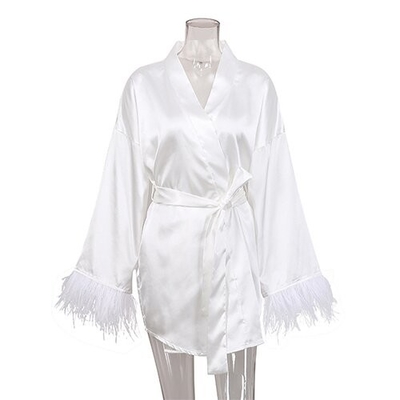 Autumn Pajamas Sexy Bath Long Sleeved Feathers Satin Robe Pure Color French Leisure