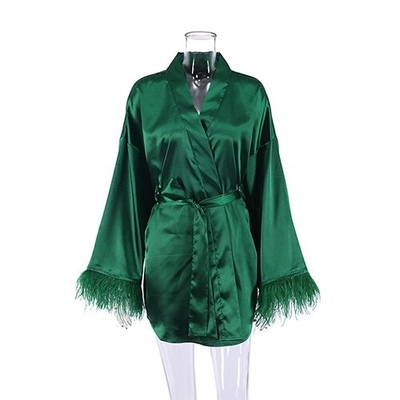 Autumn Pajamas Sexy Bath Long Sleeved Feathers Satin Robe Pure Color French Leisure