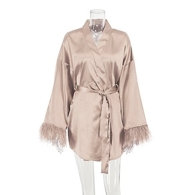 Autumn Pajamas Sexy Bath Long Sleeved Feathers Satin Robe Pure Color French Leisure