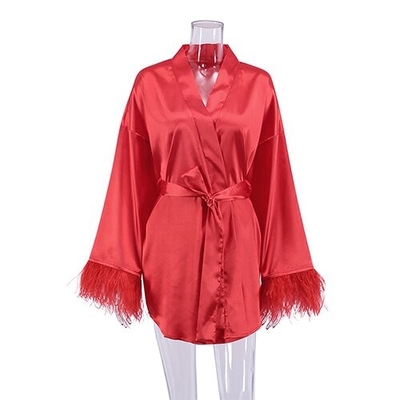 Autumn Pajamas Sexy Bath Long Sleeved Feathers Satin Robe Pure Color French Leisure