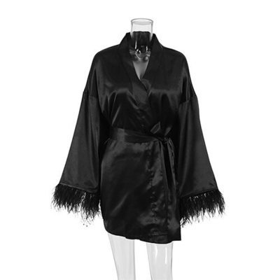 Autumn Pajamas Sexy Bath Long Sleeved Feathers Satin Robe Pure Color French Leisure