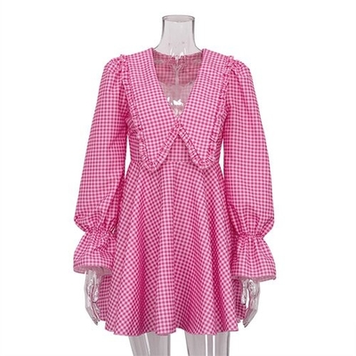 OEM Cross Border Women'S Pink Polyester Lattice Doll Collar Long Sleeve Dress