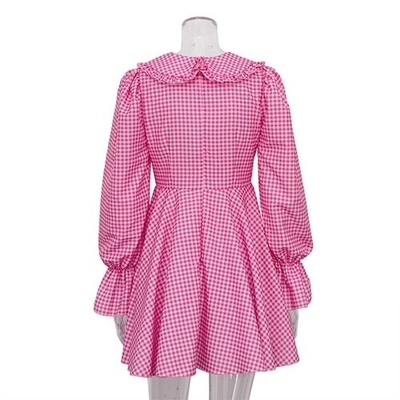 OEM Cross Border Women'S Pink Polyester Lattice Doll Collar Long Sleeve Dress