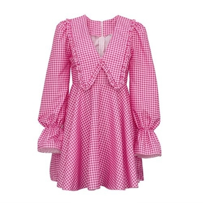 OEM Cross Border Women'S Pink Polyester Lattice Doll Collar Long Sleeve Dress