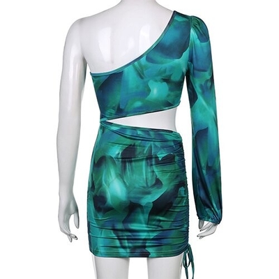 OEM Tie Dye Oblique Shoulder Polyester Commute Hip Rope Skirt Stitching Long Sleeved