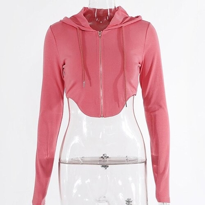 OEM European and American style 2022 new women's solid color slim -fitting navel fashion lapel zipper long -sleeved top