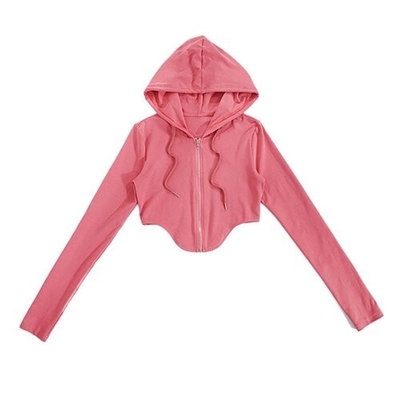 OEM European and American style 2022 new women's solid color slim -fitting navel fashion lapel zipper long -sleeved top