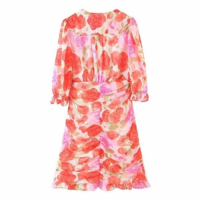 Oil Painting Rose Printed Pleated V Neck Polyester Short Sleeve Dress